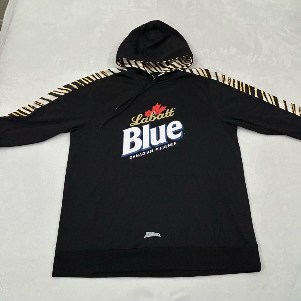 Labatt Blue Canadian Pilsner Beer Zubaz Black Performance Hoodie Sweatshirt Sz L - Picture 2 of 9